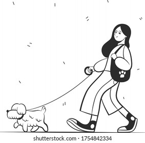 Woman. Stroll. Dog walker. Isolated sketch object. Great for shop label, emblem, sign, packaging.