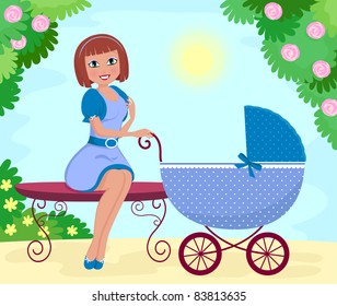 woman with a stroller in the garden