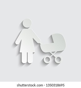  The woman with a stroller icon. Mother and child icon with shadow on a grey background