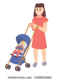 Woman stroller with newborn baby in carriage isolated on white background. Mother pushing baby buggy. Happy motherhood. Mommy and baby together outdoor. Summer dressed family members walking outdoor.