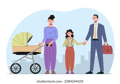 Woman with stroller outdoor. Young mother with baby near father with daughter. Happy family walks at nature. Childhood and parenthood. Poster or banner. Cartoon flat vector illustration