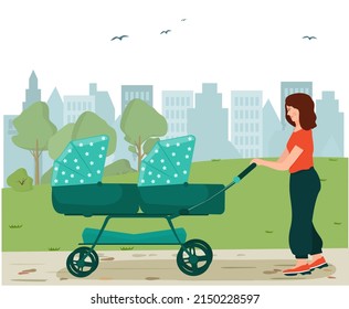 A woman with a stroller for twins walks in the park. Walking with children, motherhood, nature. Vector illustration.