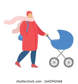 woman with a stroller, a young mother on a walk with her newborn