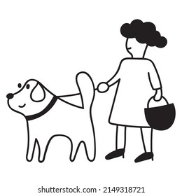 Woman strolling with dog. Outline vector illustration on white background.