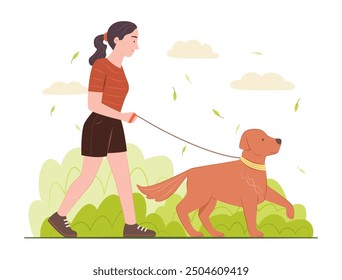 Woman Strolling with a Dog in Park