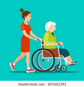 Woman strolling with elder grey haired woman in wheelchair. Vector flat style illustration