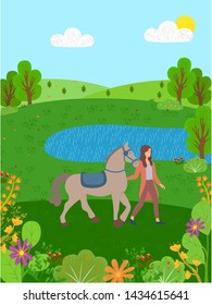 Woman strolling with horse in park vector, pond on nature. Hobby of person with mammal and equipment for rider, lake rustic area. Stallion mane with lady