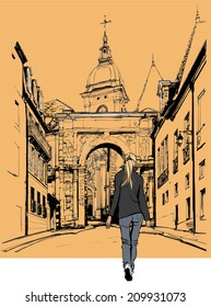 Woman strolling in an old city in France - Vector illustration