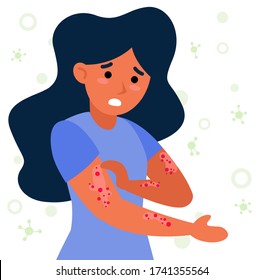 Woman with strong allergy symptoms flat vector illustration. Cartoon sad character scratching skin, itching and suffering. Virus disease and eczema concept