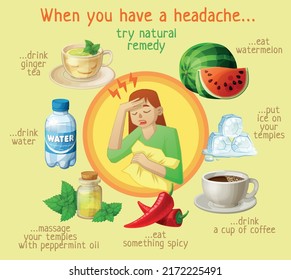 Woman with strong headache and natural remedies vector illustration. Head ache treatments ginger tea, watermelon, cofee, ice cubes, water bottle, peppermint oil, red pepper cartoon icons collection