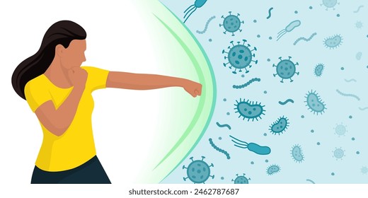 Woman with strong immune system: she is fighting germs, virus and bacteria