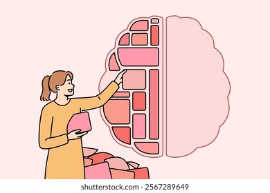 Woman structures knowledge in form of blocks inside brain to improve cognitive processes and simplify memorization. Girl is engaged in structuring knowledge obtained from reading books and textbooks