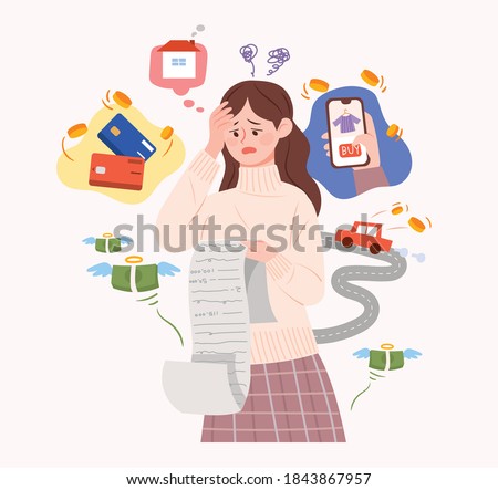 A woman is struggling with credit card debt and expenses. Concept illustration about installment debt.