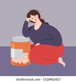 Woman struggling with depression and addicttion to antidepressants. Stressed female charatcer sitting on the floor. Flat style vector illustration