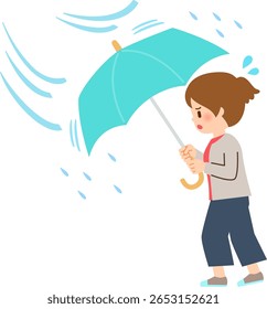 Uma mulher lutando com seu guarda-chuva sendo soprado por um vento forte