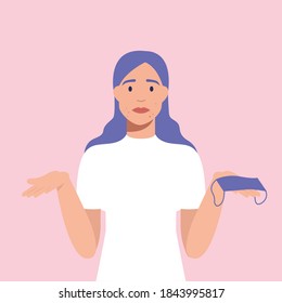 Woman Struggling With Maskne Vector Illustration. Flat Female Character - Young Girl With Lilac Hair - Struggling With Mask Acne. Protection, Cosmetics, Beauty, Pandemic, Epidemic, Coronavirus, Covid 