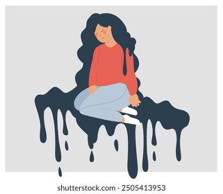 Woman struggling with mental health issues such as PTSD, depression, anxiety, phobias, or mood disorders. Sad girl girl falling apart and overwhelmed by dark and negative thoughts. Vector illustration