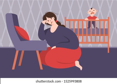 Woman struggling with postpartum depression. Sad and tired female character with a baby crying in the background. Flat style vector illustration.