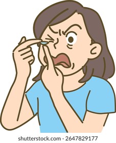 Mulher lutando para colocar em lentes de contato ilustração
