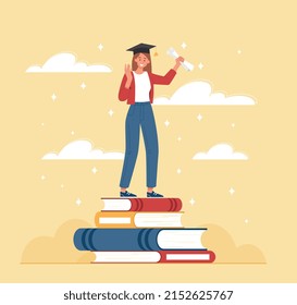 Woman student with book. Girl in graduate hat rejoices at end of her studies. Young specialist defended her diploma, passed examination and test, congratulation. Cartoon flat vector illustration