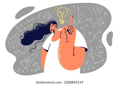 Woman student came up idea stands at blackboard covered with formulas solving mathematical exercise. Light bulb near head of student girl raised finger having come up with brilliant idea 