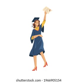 Woman student celebrating university graduation isolated flat cartoon character. Vector girl in academic gown, mortarboard cap, high heels, diploma education certificate in hand. Joyful female person