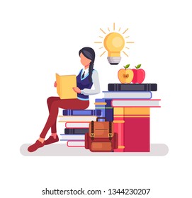 Woman student character reading book. Education banner concept. Vector flat graphic design isolated illustration concept