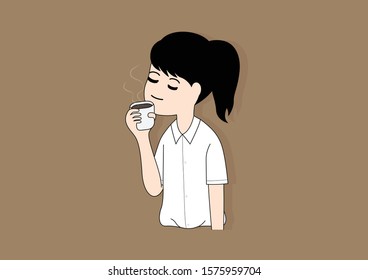 Woman student drinking coffee, It smell, Student woman holding coffee cup, Cartoon vector illustration