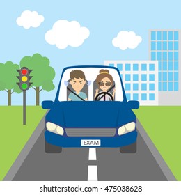 Woman student driver with passenger examiner passing driving test. Riding on the city street.Thoughtless female driver and angry male passenger.