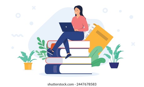 Woman student - Female person sitting with laptop computer on books studying, doing school work and taking online education alone. Flat design vector illustration with white background