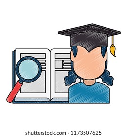 woman student graduated with book and magnifying