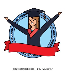 woman student graduated celebrating in emblem with ribbon