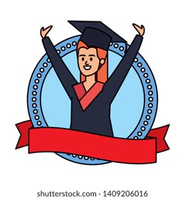 woman student graduated celebrating in emblem with ribbon