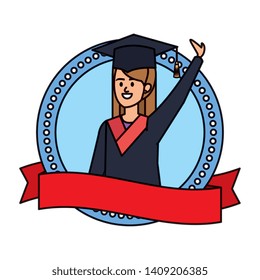 woman student graduated celebrating in emblem with ribbon