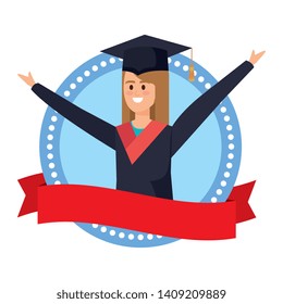 woman student graduated celebrating in emblem with ribbon
