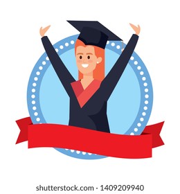woman student graduated celebrating in emblem with ribbon