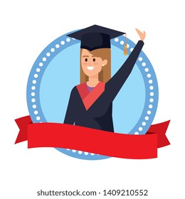 woman student graduated celebrating in emblem with ribbon