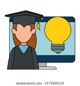 woman student graduated with computer and bulb
