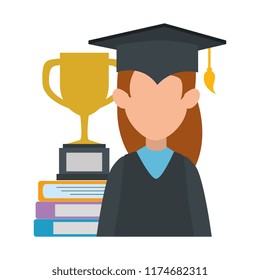 woman student graduated with trophy and books