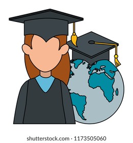 woman student graduated with world planet