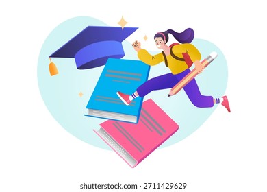 Mujer estudiante saltando sobre una pila de libros sosteniendo un lápiz para llegar a un gorro de graduación. Concepto de superar la dificultad del examen, el logro del éxito académico y el objetivo de educación universitaria.