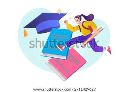 Woman student jumping over stack of books holding a pencil to reach a graduation cap. Concept of overcoming exam difficulty, academic success achievement, and university education goal.