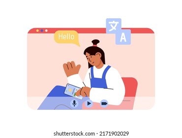 Woman student learning language online, flat vector illustration isolated on white background. Cartoon character taking an English text on the phone. Online education and language school.