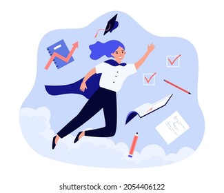 Woman student like superhero flying in sky. Smiling female excited about graduation. Future career, education success concept. Flat vector cartoon illustration, web page landing.