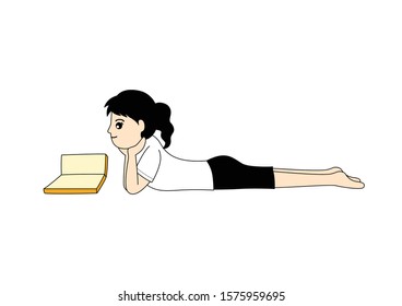 Woman student lying down and reading a book on white background, Cartoon vector illustration