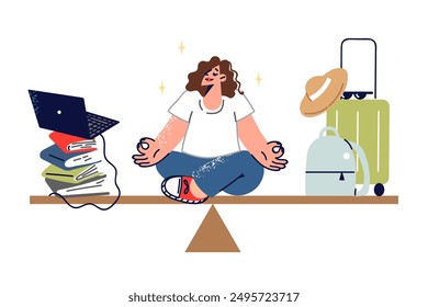 Woman student meditates and does yoga to maintain balance, sits on swing between objects for tourism and education. Girl achieves harmony or balance in life thanks to buddhist zen practices