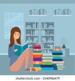 woman student reading book character vector illustration design