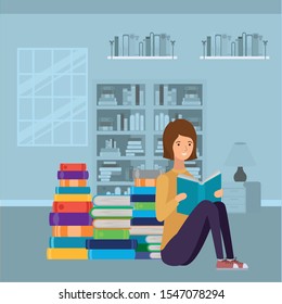 woman student reading book character vector illustration design