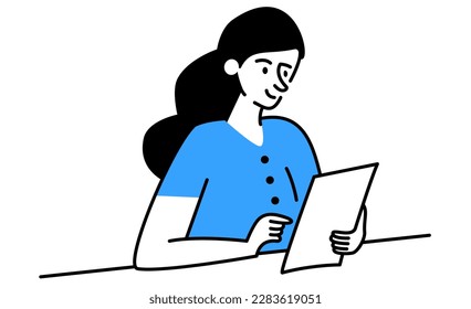 Woman, student reading paper flat vector illustration