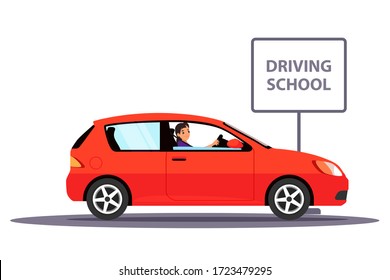 Woman student in red driving school car passing by signboard. Driver practice on training lesson. Auto education, road safety rule learning. Character in vehicle isolated on white background